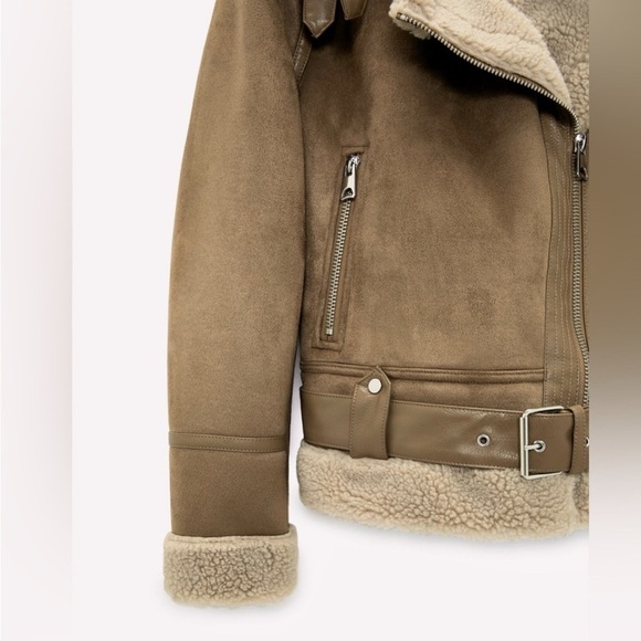 Zara trendy tan beige aviator faux suede Sherpa shearling moto jacket size S - Picture 4 of 15